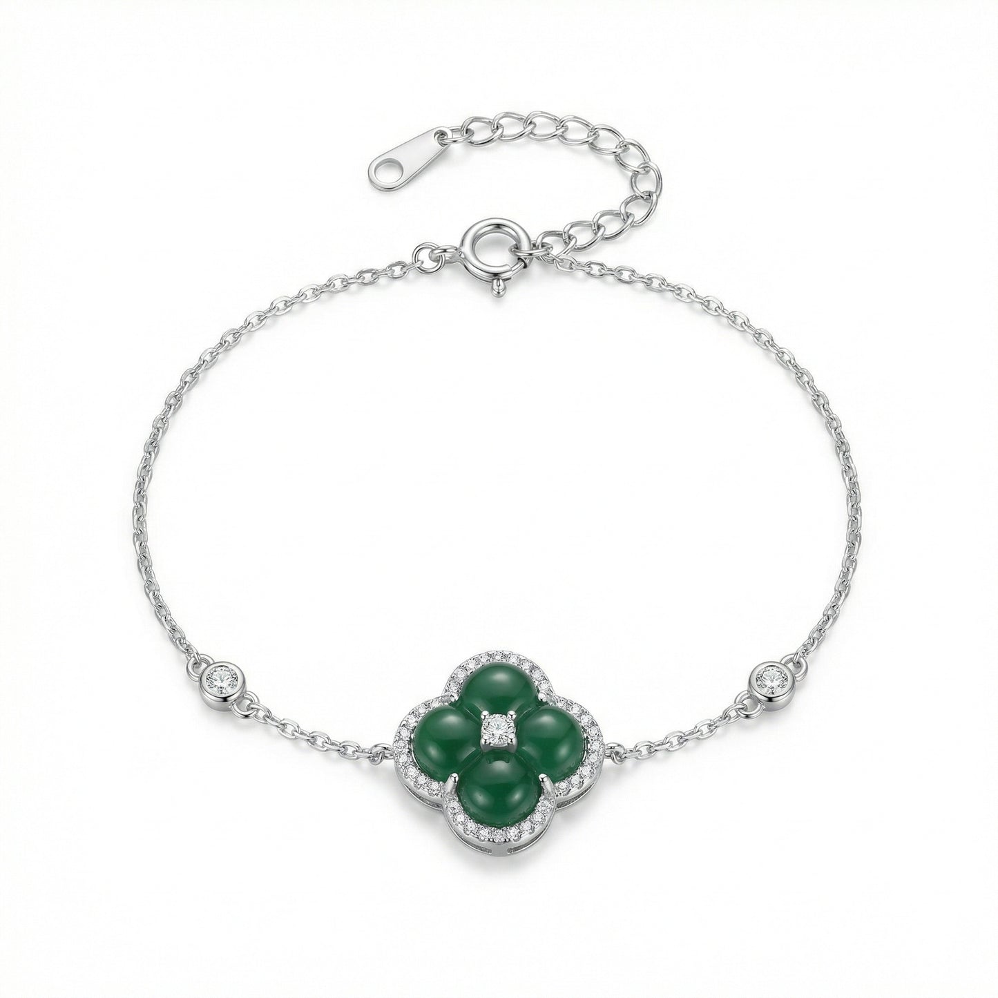 925 Sterling Silver Elegant Silver Four-Leaf Clover Bracelet with Green Agate and Sparkling Cubic Zirconia Accents