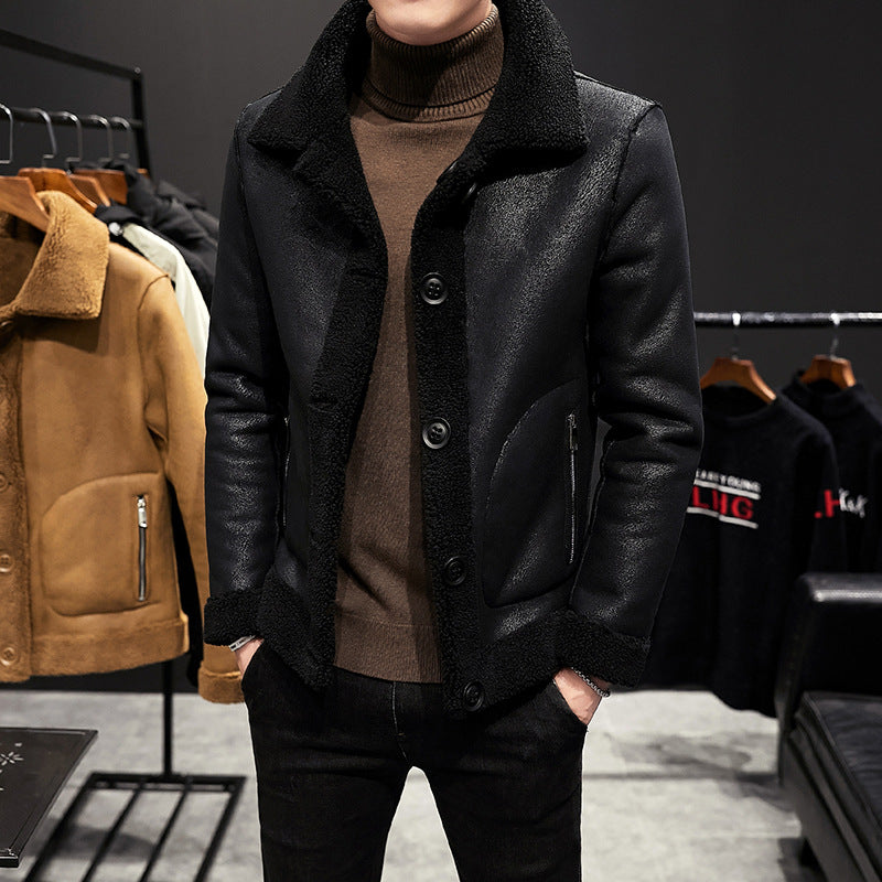 Men's leather jacket with fur one-piece coat