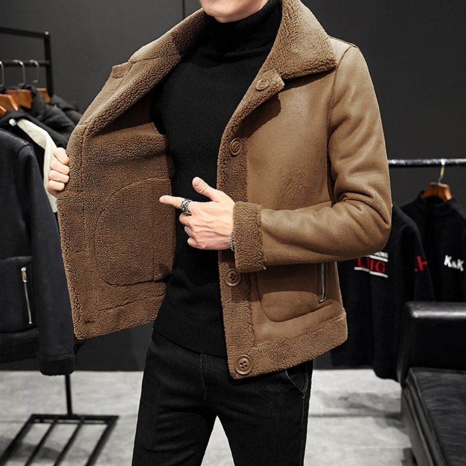 Men's leather jacket with fur one-piece coat