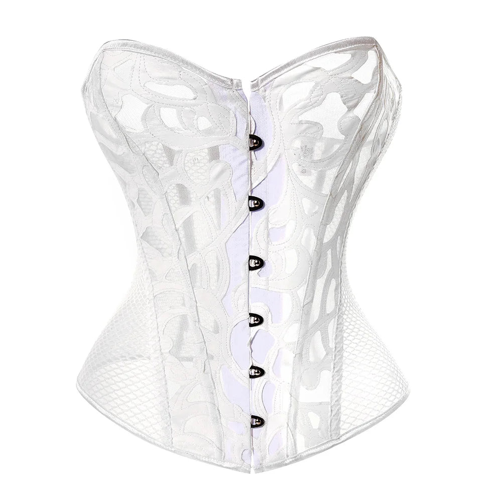 Faux Leather Mesh Corset Plus Size Gothic Corset and Bustier Elastic Net Hollow Out Flowers Design Buckles Closure corselet 8124