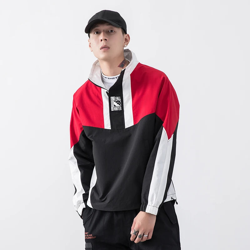 Men Hip Hop Streetwear Jacket Coat Retro Color Block Patchwork Harajuku Jacket Windbreaker Oversized Track Jacket Pocket Autumn