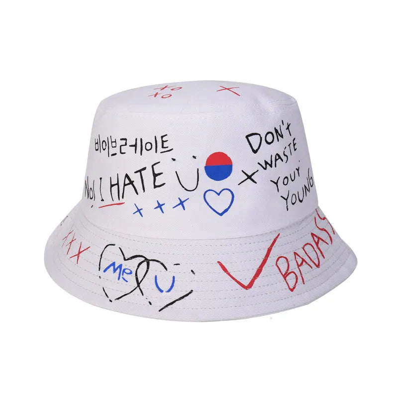 Summer Harajuku Style Unisex Hand Painted Anime Graffiti Bucket Hat Women Seaside Beach Street Shade Panama Fisherman Cap F22