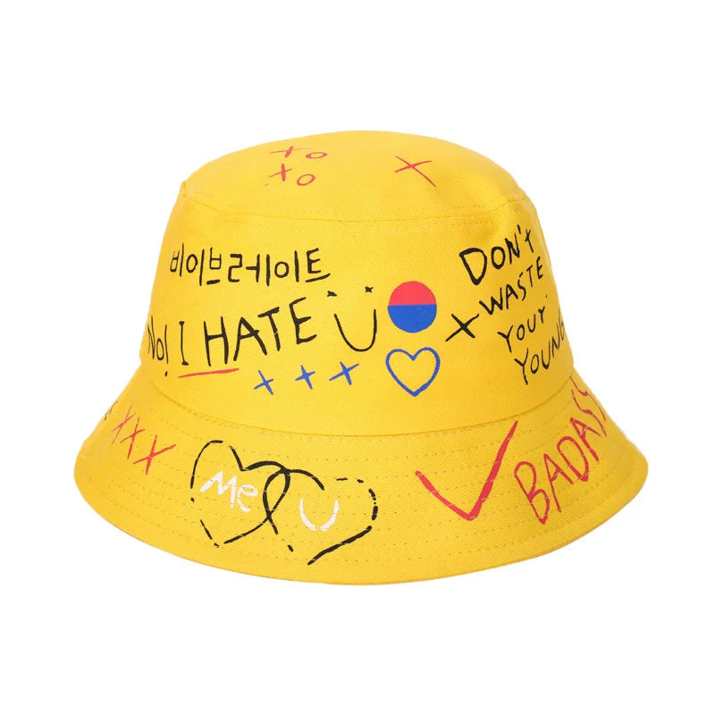 Summer Harajuku Style Unisex Hand Painted Anime Graffiti Bucket Hat Women Seaside Beach Street Shade Panama Fisherman Cap F22