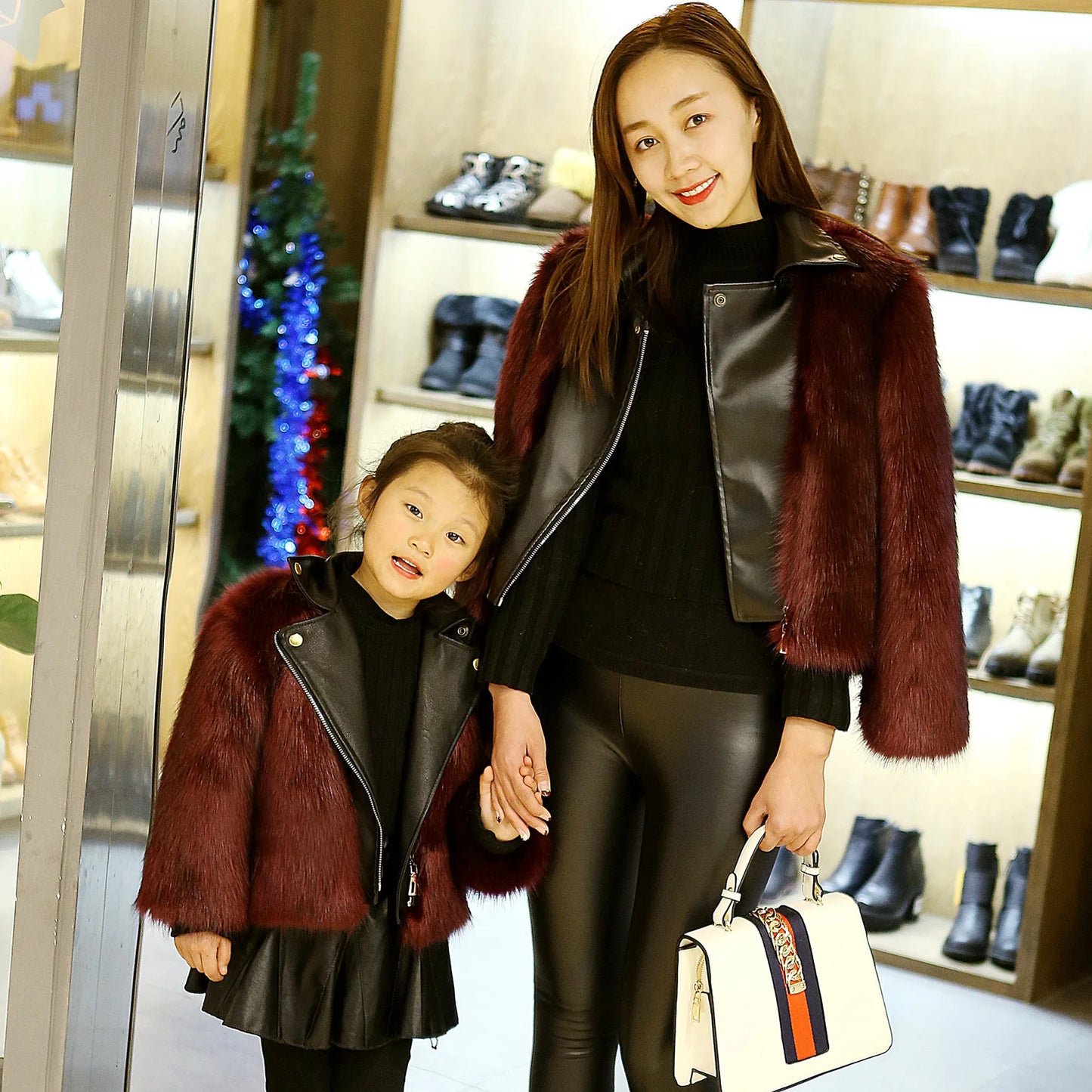 Faux Fox Fur Children Leather Coat Autumn And Winter Motorcycle Girls Fashion Fur Jackets Kids Leather Tops Clothes