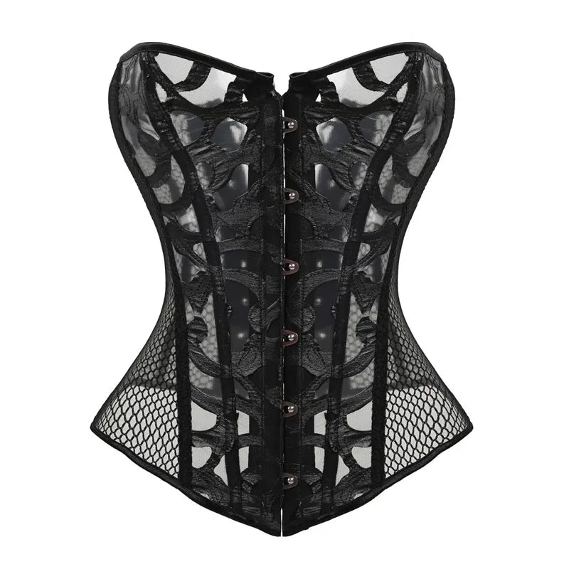 Faux Leather Mesh Corset Plus Size Gothic Corset and Bustier Elastic Net Hollow Out Flowers Design Buckles Closure corselet 8124