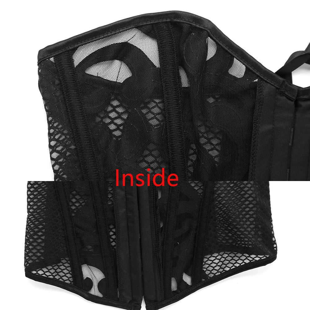 Faux Leather Mesh Corset Plus Size Gothic Corset and Bustier Elastic Net Hollow Out Flowers Design Buckles Closure corselet 8124