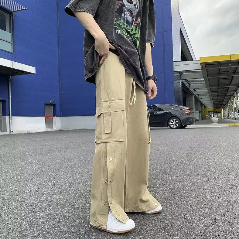 Japanese Style MEN Pants Elastic Waist Pockets Summer Wide-leg Pants Europe And America Street Advanced For Boys