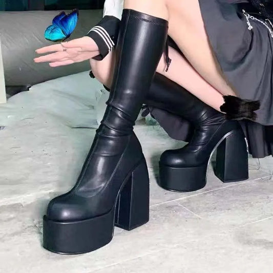 Black Thick High Heel Boot Long Boots For Women Punk Style Autumn Winter Chunky Platform High Gothic Boots Party Shoes Ladies