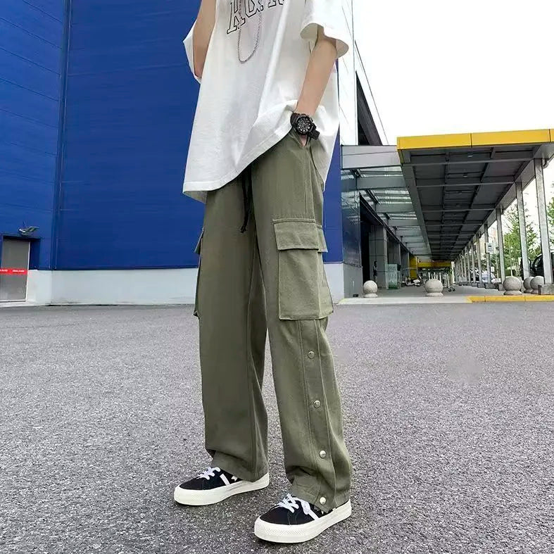 Japanese Style MEN Pants Elastic Waist Pockets Summer Wide-leg Pants Europe And America Street Advanced For Boys