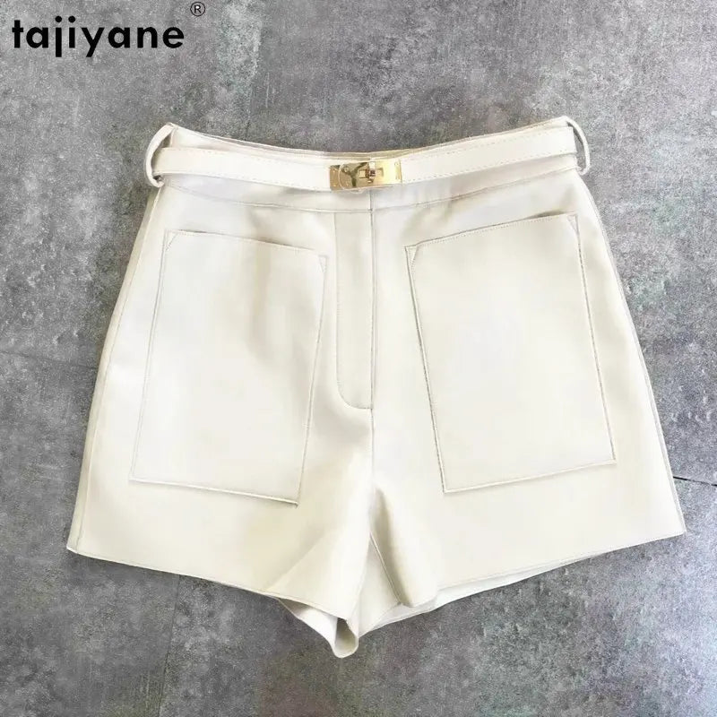 Tajiyane Genuine Leather Shorts for Womens High Waist Real Sheepskin Short Pants Korean Style Slim Shorts Cargo Women Short SGG