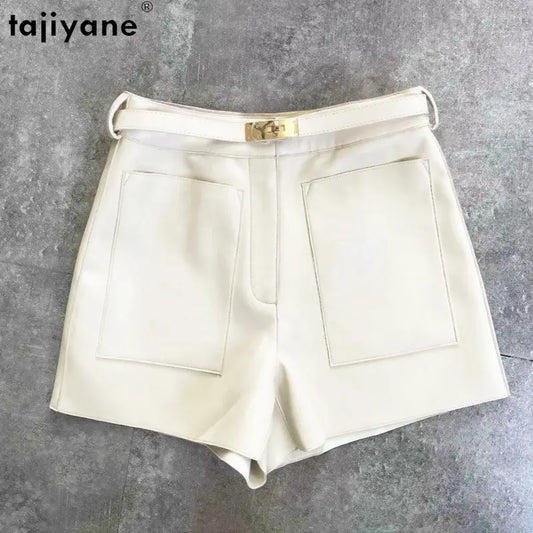 Tajiyane Genuine Leather Shorts for Womens High Waist Real Sheepskin Short Pants Korean Style Slim Shorts Cargo Women Short SGG