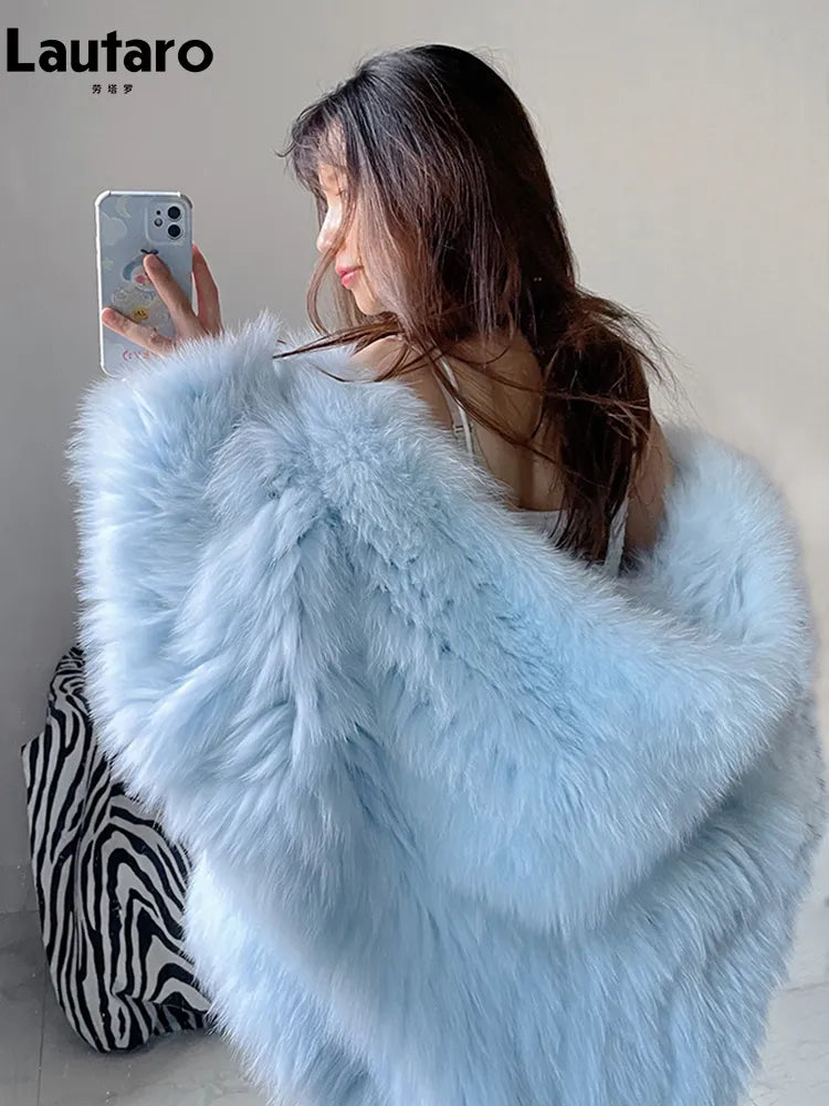 Lautaro Winter Shaggy Hairy Thick Warm Soft Colored Faux Fur Jacket Women with Hood Bat Sleeved Loose Casual Designer Clothes