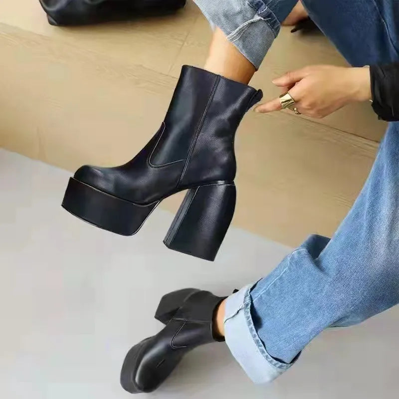 Black Thick High Heel Boot Long Boots For Women Punk Style Autumn Winter Chunky Platform High Gothic Boots Party Shoes Ladies