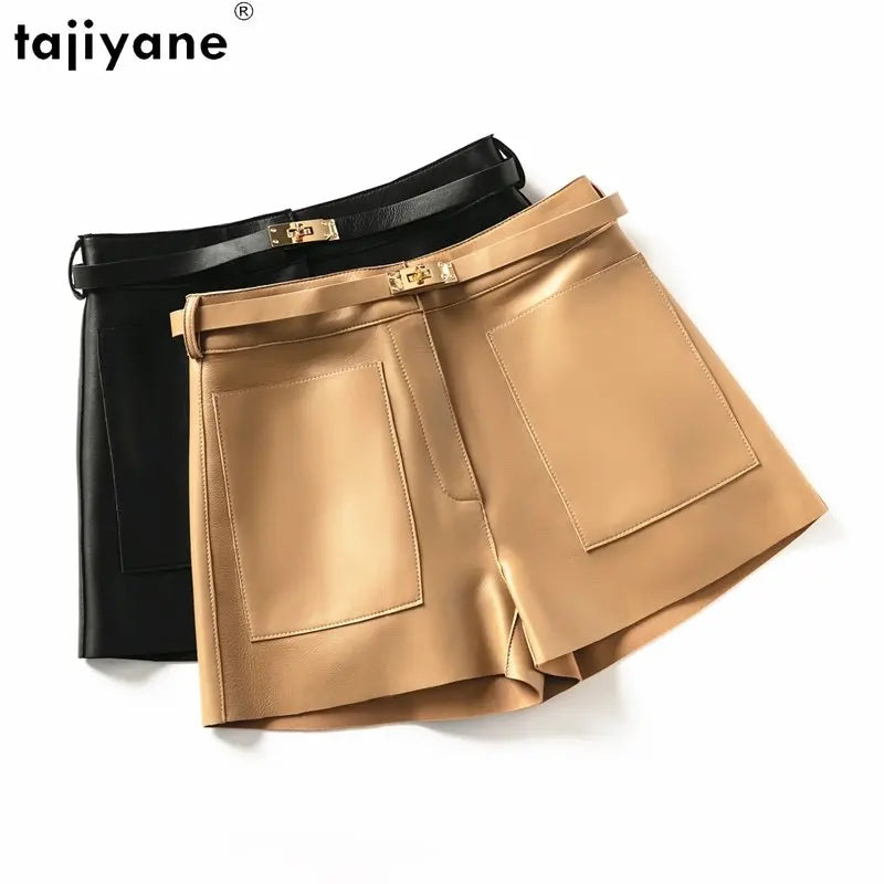 Tajiyane Genuine Leather Shorts for Womens High Waist Real Sheepskin Short Pants Korean Style Slim Shorts Cargo Women Short SGG