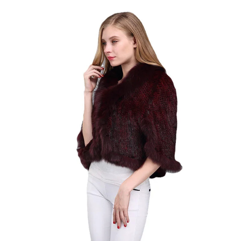 Women Natural Mink Fur Shawl Jacket Lady Knitted Mink Fur Scarf Shawl Lady Real Mink Fur And Fox Fur Collar Poncho Shawl Coat