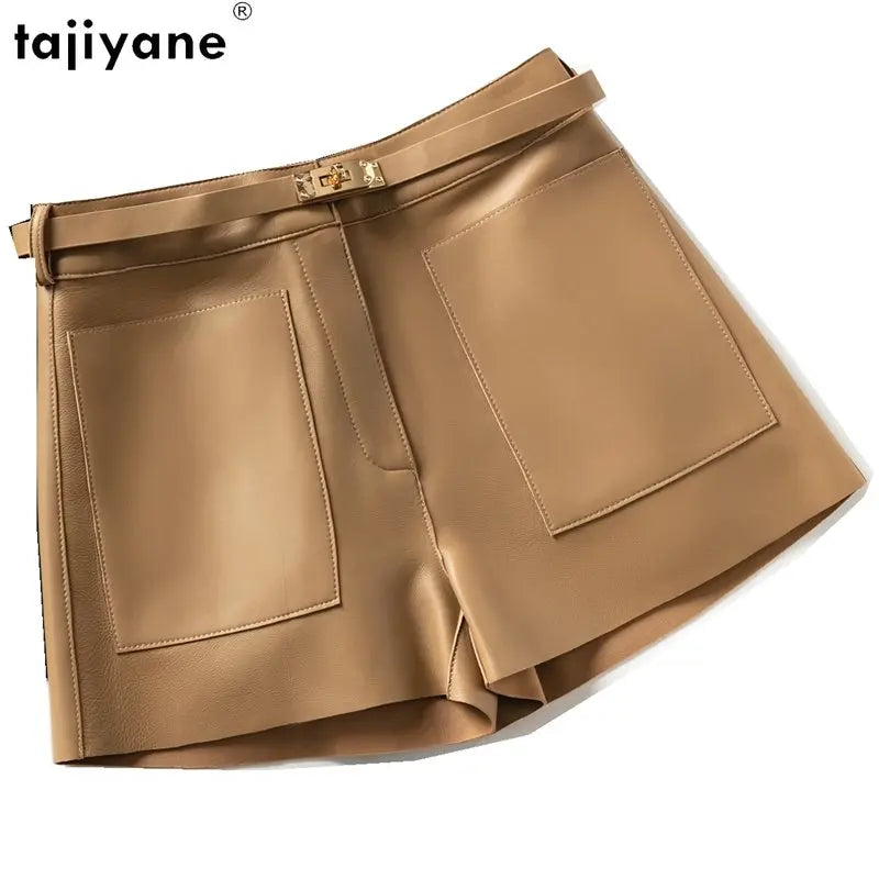 Tajiyane Genuine Leather Shorts for Womens High Waist Real Sheepskin Short Pants Korean Style Slim Shorts Cargo Women Short SGG