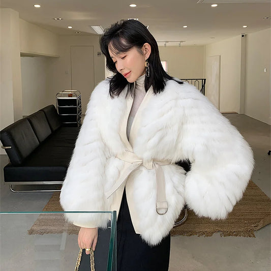 Fox Fur Coat Women's White Short Winter High Quality Double-faced Fur Knitted Jacket Belt Slim Fit Lantern Sleeve Outerwear