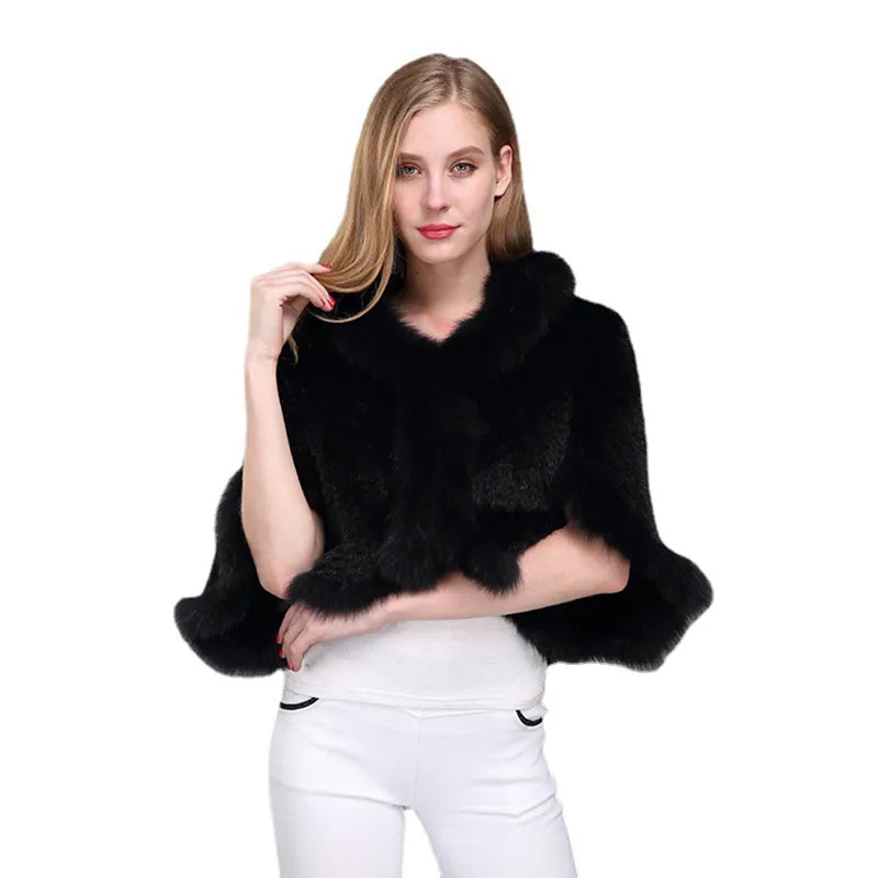 Women Natural Mink Fur Shawl Jacket Lady Knitted Mink Fur Scarf Shawl Lady Real Mink Fur And Fox Fur Collar Poncho Shawl Coat