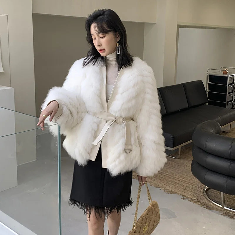 Fox Fur Coat Women's White Short Winter High Quality Double-faced Fur Knitted Jacket Belt Slim Fit Lantern Sleeve Outerwear