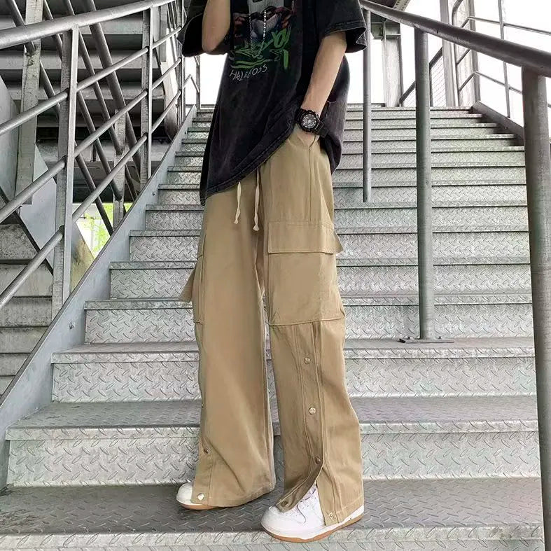 Japanese Style MEN Pants Elastic Waist Pockets Summer Wide-leg Pants Europe And America Street Advanced For Boys