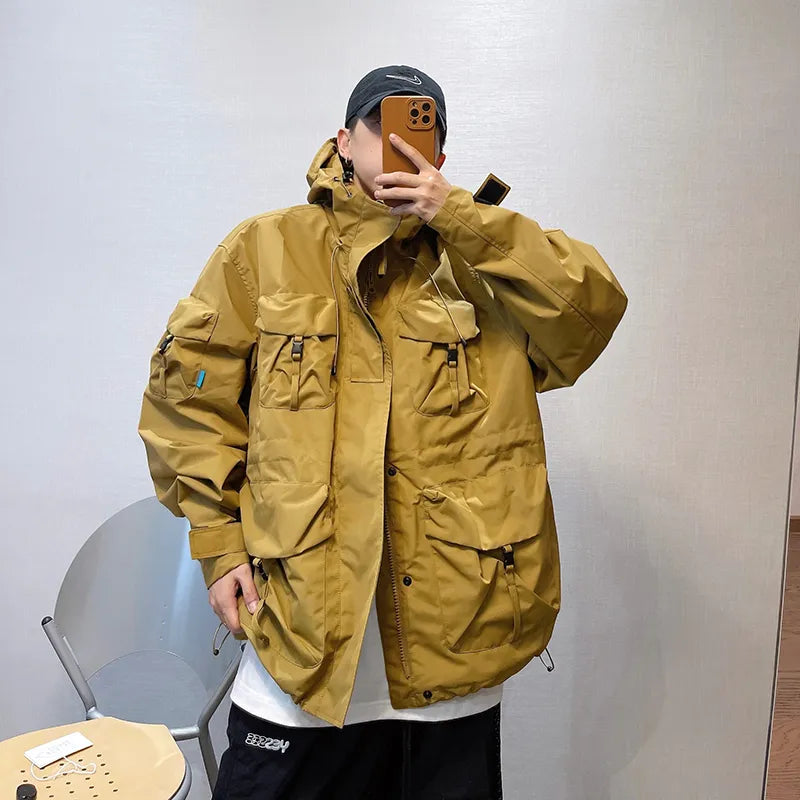 Mountain Series Outdoor Multi-Pocket Hooded Cargo Jackets Japanese Streetwear Waterproof Coat Harajuku Casual Tops Men Clothing