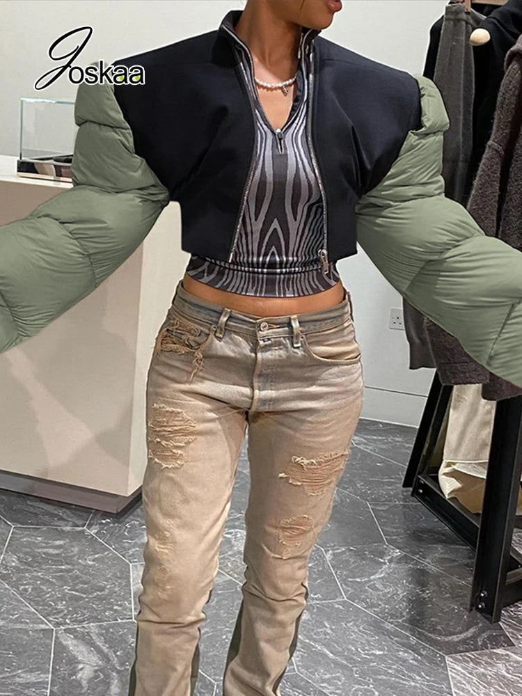 Joskaa Winter Clothes Women Flare Sleeve Padded Jacket Contrast Color Thicken Cropped Design Puffer Coat Sexy Streetwear