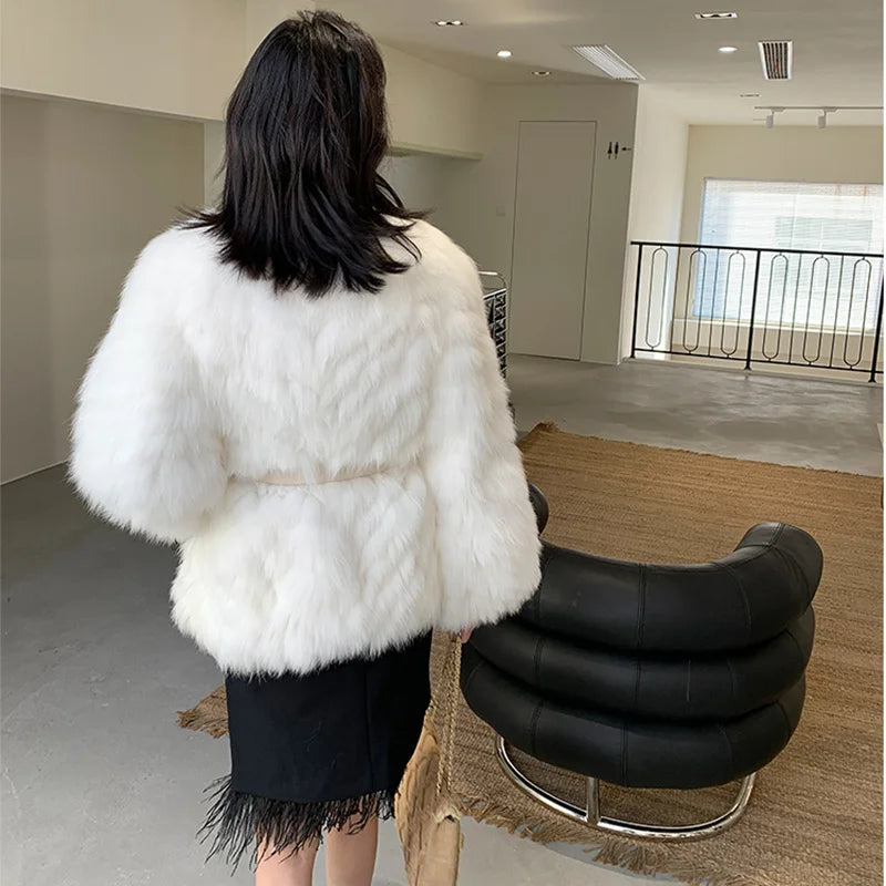 Fox Fur Coat Women's White Short Winter High Quality Double-faced Fur Knitted Jacket Belt Slim Fit Lantern Sleeve Outerwear