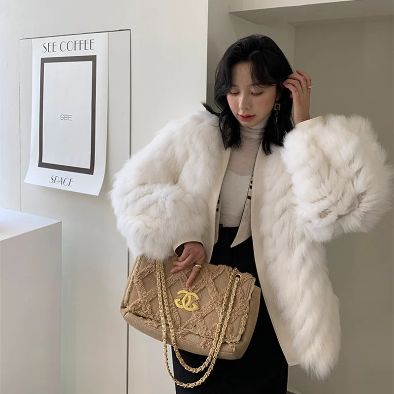 Fox Fur Coat Women's White Short Winter High Quality Double-faced Fur Knitted Jacket Belt Slim Fit Lantern Sleeve Outerwear