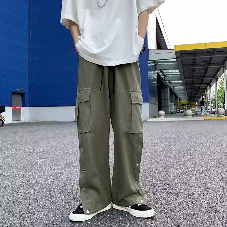 Japanese Style MEN Pants Elastic Waist Pockets Summer Wide-leg Pants Europe And America Street Advanced For Boys