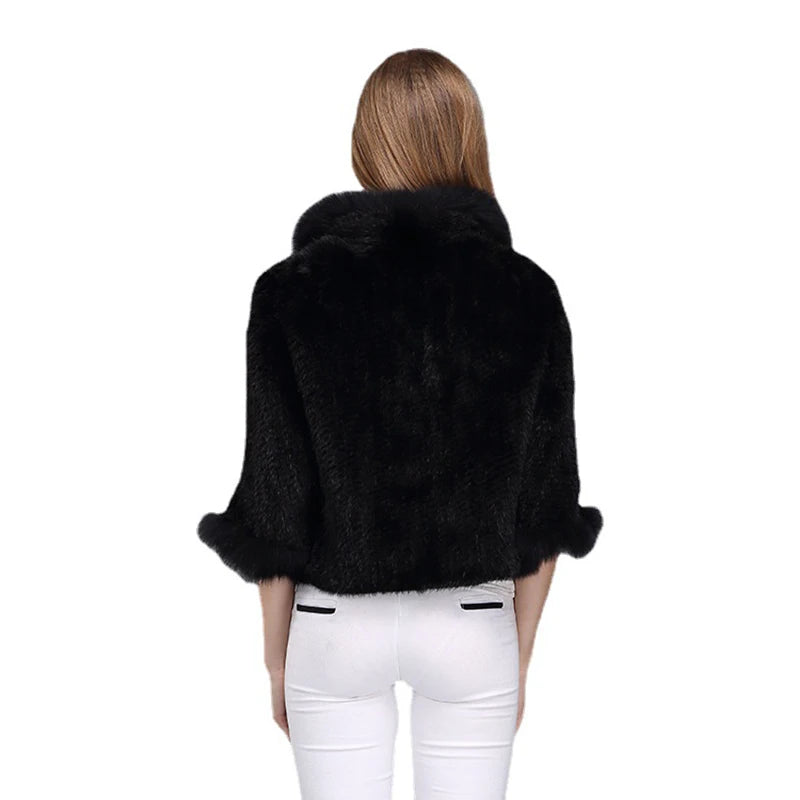 Women Natural Mink Fur Shawl Jacket Lady Knitted Mink Fur Scarf Shawl Lady Real Mink Fur And Fox Fur Collar Poncho Shawl Coat