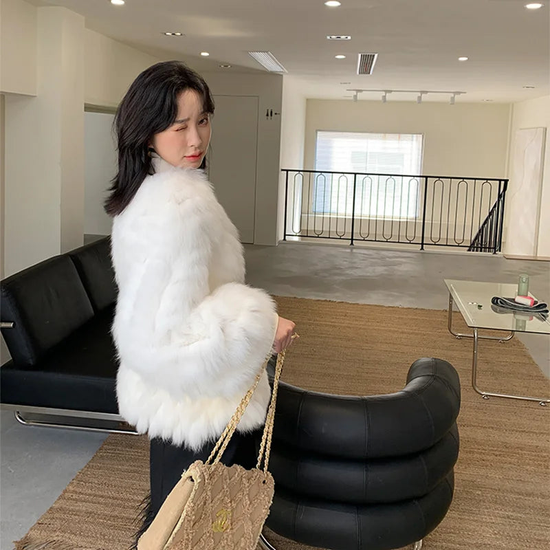 Fox Fur Coat Women's White Short Winter High Quality Double-faced Fur Knitted Jacket Belt Slim Fit Lantern Sleeve Outerwear