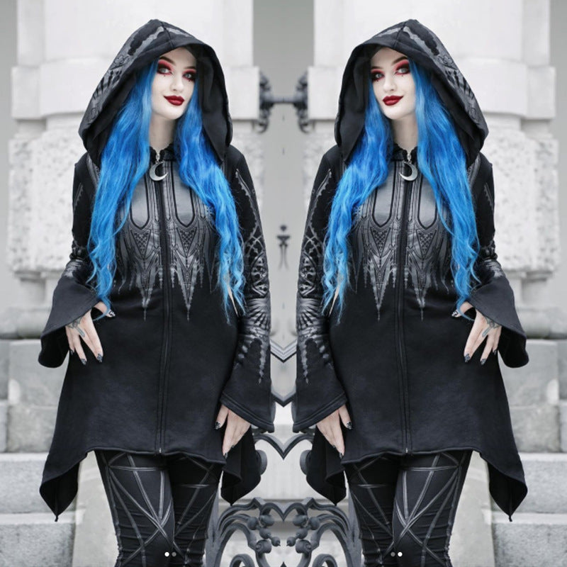 Halloween Cosplay Hoodie Women's Punk Black Long Hooded Printed Sweater